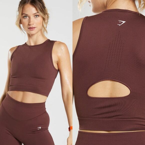 GYMSHARK Sweat Seamless Midi Tank Open Back Top Maroon - Picture 1 of 8